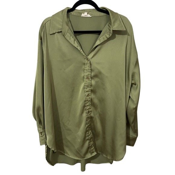 entro Tops - Entro Green Relaxed Satiny Long Sleeve Button Down